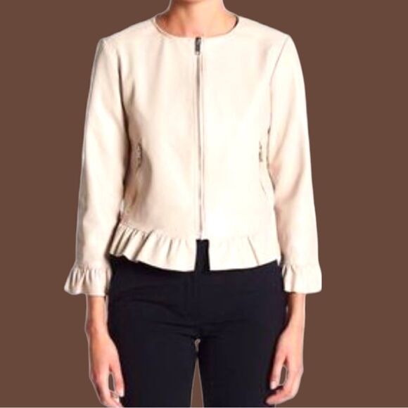 Catherine’s Malandrino  pale tanish faux leather jacket with ruffles! New! - Picture 1 of 12